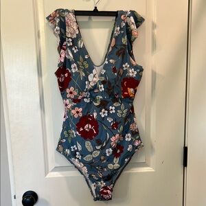 SHEIN Blue and Red Floral One Piece Swimsuit V-Neck